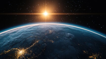 Obraz premium earth orbit A satellite orbiting Earth, with a city lights backdrop, technological advancement concept.