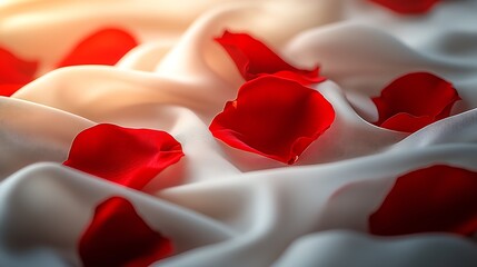Elegant red rose petals scattered on soft white fabric creating a romantic and serene atmosphere : Generative AI