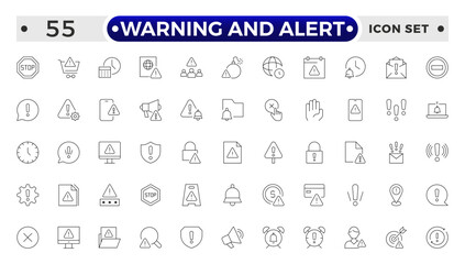 Warning and risk. Set of line icons in linear style. Warning exclamation mark, attention, danger, notice, stop. Alerts and Warning outline icon collection.