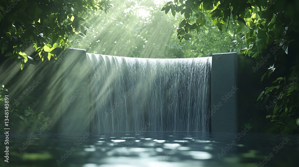 Poster serene waterfall surrounded by lush greenery and soft rays of light.