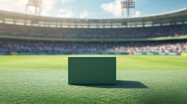 Empty soccer or cricket or football stadium with a green presentation podium in the foreground. Ideal for sports event promotion, award ceremonies, or stadium imagery.