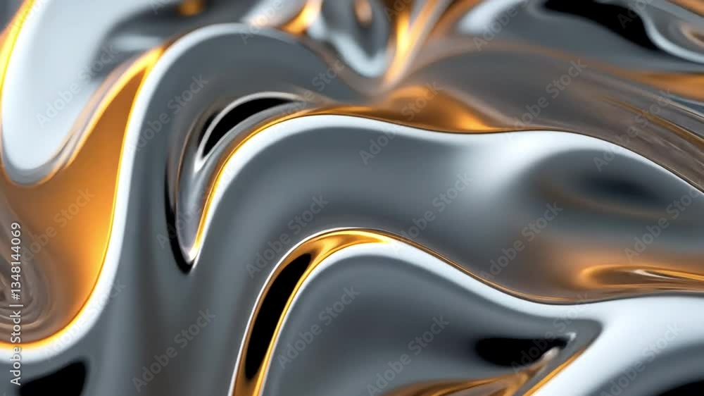 Poster a close-up abstract image of flowing metallic liquid, showcasing intricate patterns and soft reflect