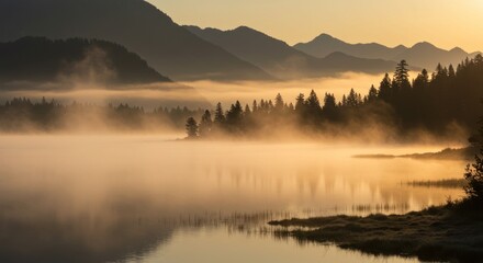 Fototapeta premium Misty Lake at Sunrise with Forest and Mountain Silhouette Reflection