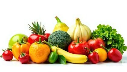 Variety of organic fruits and vegetables isolated on white, vibrant, market, produce