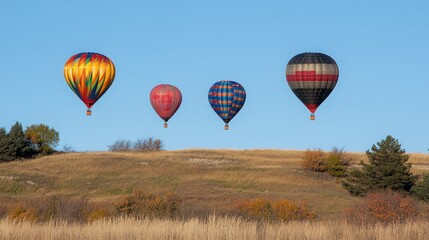 Obraz premium Four brightly colored hot air balloons float in the sky above a grassy hill