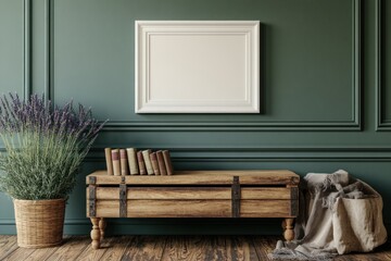 A vintage chest with books under a blank framed picture