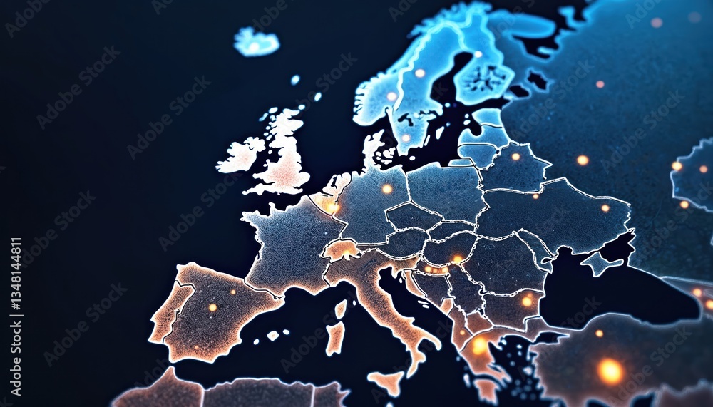 Poster digital map of europe with digital data lines, glowing points. concept of digitalization, internet n