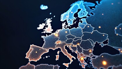 Digital map of Europe with digital data lines, glowing points. Concept of digitalization, internet network, global data transfer. Modern tech innovations, data security, business. EU, technology,