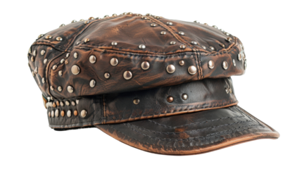 Brown leather cap with metal studs isolated on transparent background