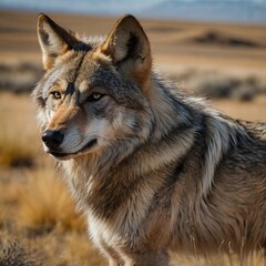 Obraz premium Intense Gaze of Steppe Wolf in the Dry, Expansive Grasslands