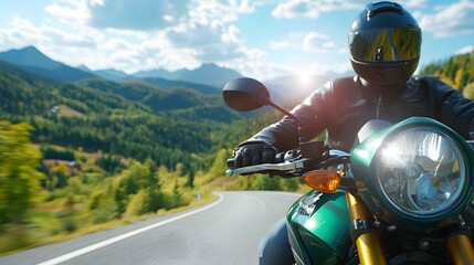 A motorcyclist riding through a scenic mountainous landscape on an open winding road with a focused and exhilarated expression