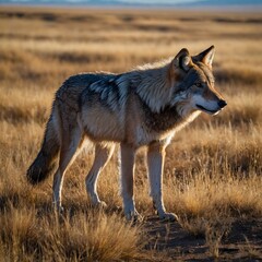 Naklejka premium Steppe Wolf Standing Strong on Wind-Swept Plain