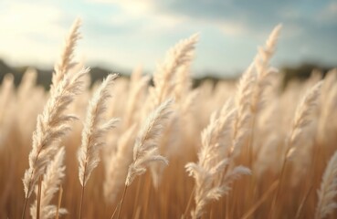 Fototapeta premium Soft fluffy pampas grass in sunny light. Natural background with dry reeds in boho style. Beige, brown, white colors. Eco friendly, sustainable minimalist design for wallpaper.