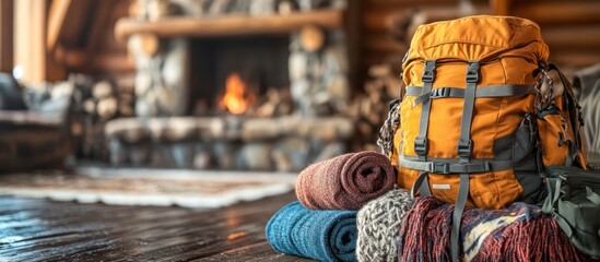 Serene Mountain Cabin Interior with Rustic Wood Accents, Stone Fireplace, Cozy Blankets, and Hiking Gear, Perfect for Travel and Lifestyle Publications and Vacation Rental Marketing