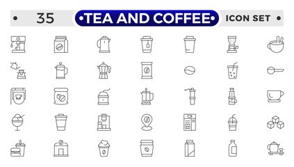 Tea and Coffee outline icon set. coffee icons Pixel perfect. coffee, mug, coffee cup, coffee machine, coffee beans, etc.