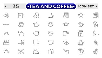 Tea and Coffee outline icon set. coffee icons Pixel perfect. coffee, mug, coffee cup, coffee machine, coffee beans, etc.