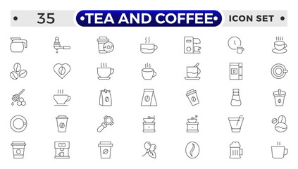 Tea and Coffee outline icon set. coffee icons Pixel perfect. coffee, mug, coffee cup, coffee machine, coffee beans, etc.