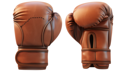 Two vintage leather boxing gloves on transparent background