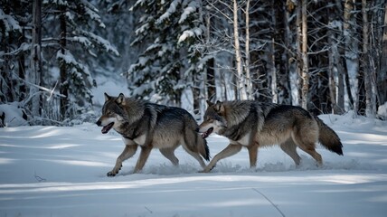 Fototapeta premium Wild Pack of Mackenzie River Wolves Moving Swiftly Through the Snowy Forest