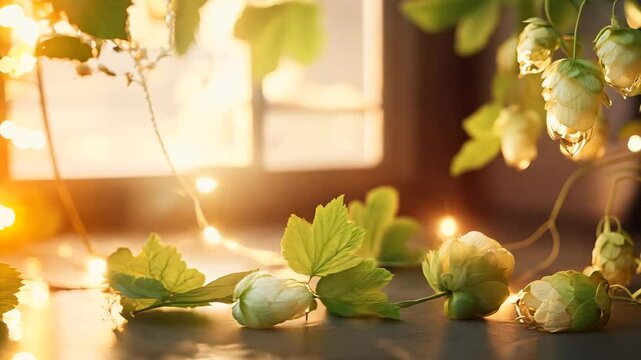 A cozy, atmospheric scene of fresh hops cones and green leaves illuminated by warm, glowing fairy lights near a window. The soft, golden light enhances the natural texture and organic beauty 