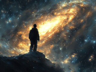 Obraz premium Figure gazing at a nebula in space, bathed in light from the cosmos