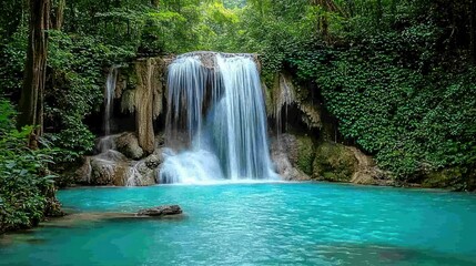 Fototapeta premium Waterfall cascade into turquoise pool surrounded by lush jungle foliage