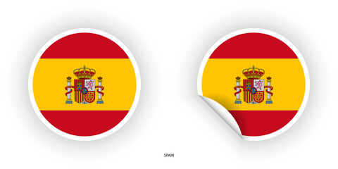 Spain sticker flag in circle shape and circle peeled shape on white background. Spain flag icon in circular form