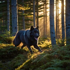 Fototapeta premium Majestic Newfoundland Wolf Sprinting Through Forest as Dusk Settles