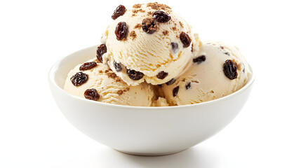 Perfectly Scooped Serving of Creamy Rum Raisin Ice Cream in a White Bowl