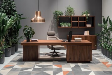 Obraz premium A modern office space featuring furniture and lush green plants