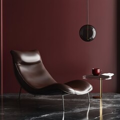 Luxurious, modern lounge chair in a sophisticated burgundy room.  A glass pendant light and a small side table complete the scene