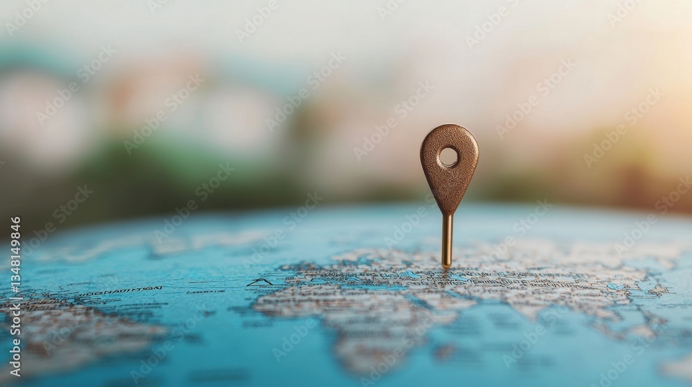 Poster world map pin location close up of a pin on a world map with location name displayed, travel plannin