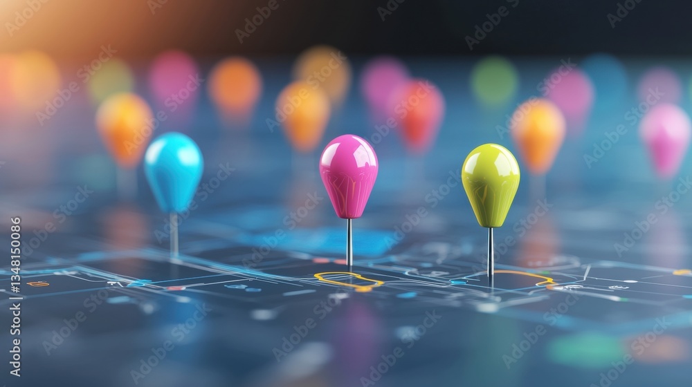 Fototapete icon pin location marker a group of colorful pin markers clustered together, top down view, vibrant 