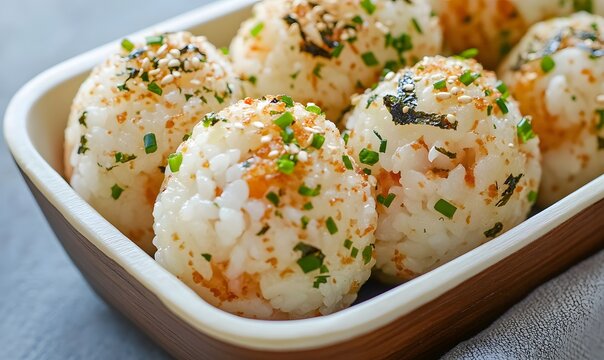 rice balls sprinkled with furikake seasoning made of dried salmon flakes, Generative AI