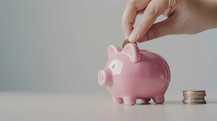 Hand inserting coin into pink piggy bank coins beside.