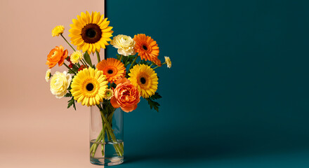Fototapeta premium A yellow sunflower and orange gerbera bouquet in a vase showcases the beauty of summer blossoms