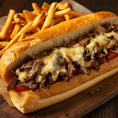 Delicious hot dog with crispy french fries and fresh toppings