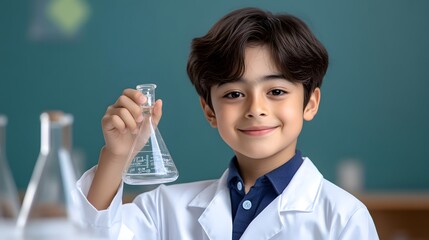 A young cheerful student in a school laboratory holding a glass beaker engaged in a science experiment and demonstrating their curiosity and interest in learning