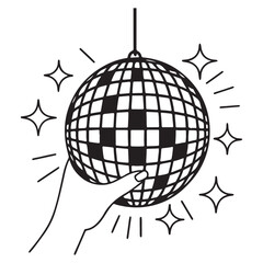 Hand holding disco ball with halftone effect and stars vector illustration. Vector cut out sticker. Trendy modern collage design element.