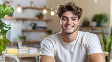 A young enthusiastic entrepreneur smiling confidently while working at his desk in a modern collaborative start up office environment