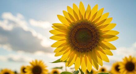 Fototapeta premium Bright yellow sunflowers bloom in a vibrant green field under the summer blue sky, their petals reaching for the sun, a beautiful display of nature's growth
