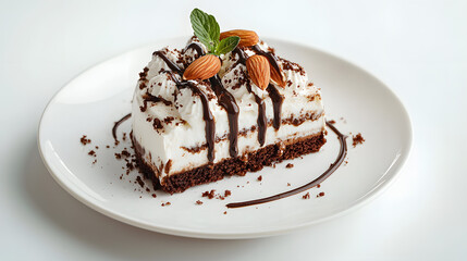 Indulgent Minimalist Slice of Mocha Almond Fudge Ice Cream Dessert on White Plate with Garnish