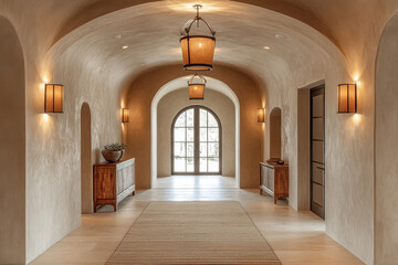 Fototapeta premium Large arched door, hallway with ornate rug.