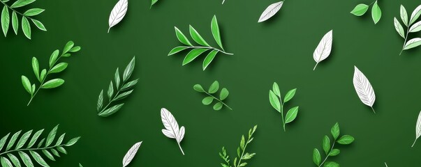 Green and White Leaves Pattern on Dark Green Background