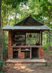 Old wooden house in the forest surrounded by nature and trees with traditional architecture, reflecting Asian and Japanese influences, blending into the natural environment