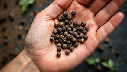 Black pepper HD image. Raw black pepper on palm hand HD picture