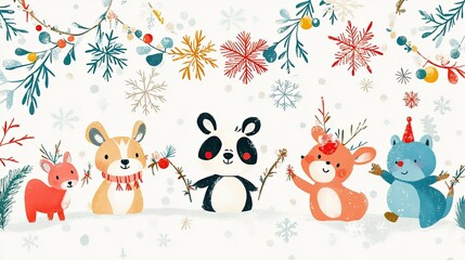 Naklejka premium Adorable Winter Wonderland: Festive Animals Celebrating Christmas