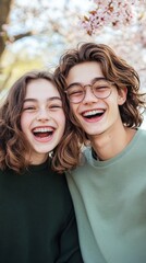 Obraz premium Young joyful friends smiling under cherry blossom trees outdoors