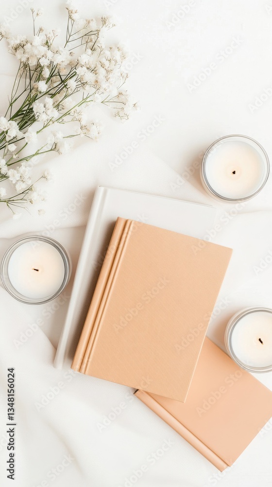 Poster elegant flat lay of notebooks and candles on soft textured fabric