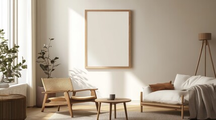 Minimalist living room featuring natural wood tones and warm lighting